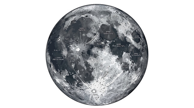 Lunar map with labeled craters and plains on the moon
