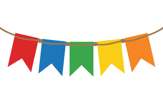 Colorful Bunting Flags Hanging on Rope Isolated on White