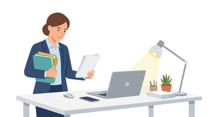 A professional woman in a dark suit stands at her office desk holding files and reviewing documents near a laptop and desk lamp. © Nabila