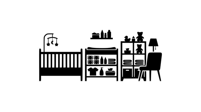 Baby nursery room interior silhouette with crib and changing table vector