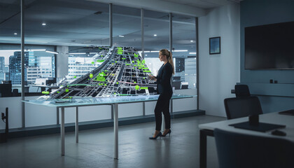 Obraz premium Businesswoman Analyzing Smart City Digital Twin Hologram