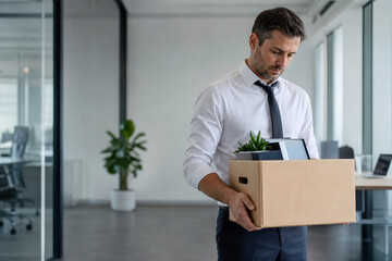 Fototapeta premium Sad businessman holding a box of belongings in a modern office. Perfect for job loss and unemployment concepts.