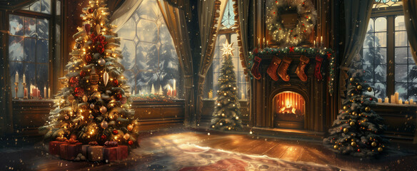 Fototapeta premium A grand traditional living room interior features a burning stone fireplace and beautifully decorated illuminated Christmas trees creating a warm festive atmosphere