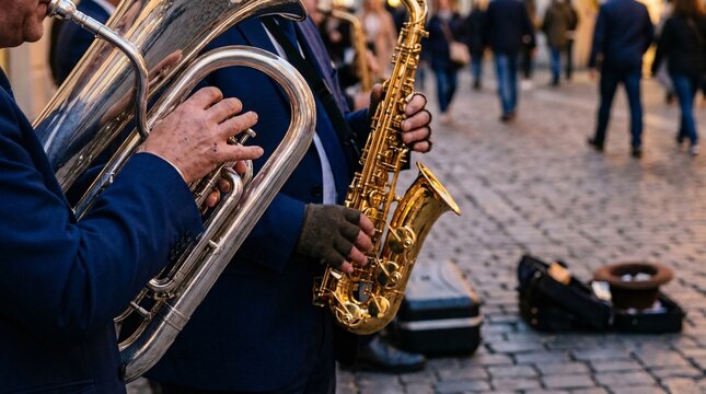 Passionate street musicians playing a highly polished silver euphonium and a gleaming golden alto saxophone focusing on the intricate keys.