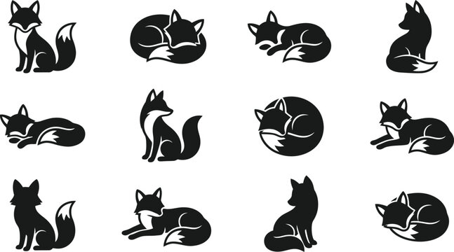Black Fox Icons, Fox Silhouette Set, Vector Fox Illustrations, Wildlife Symbols