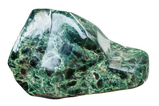 specimen of mineral from geological collection - polished green jadeite rock isolated on white background from Iran