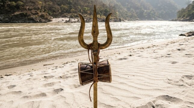 Trishula and Damru of Lord Shiva at the Holy Ganges Riverbank