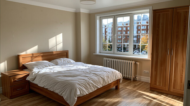 Post Soviet Apartment Bedroom With Wooden Bed and Wardrobe