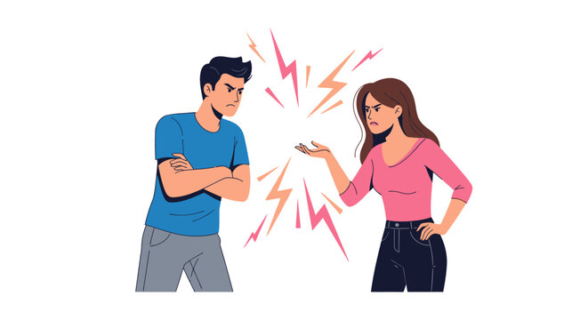 Couple arguing, facing each other, tense disagreement, conflict, emotional outburst