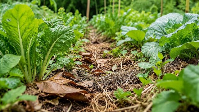 Regenerative farming in vegetable garden with leafy green plant rows, mulch on soil, and lush field for soil health