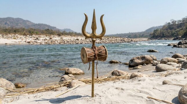 Lord Shiva Trishul and Damru on the Bank of Holy Ganges River