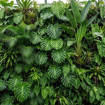 Close-up of lush tropical green plants with large leaves in natural light