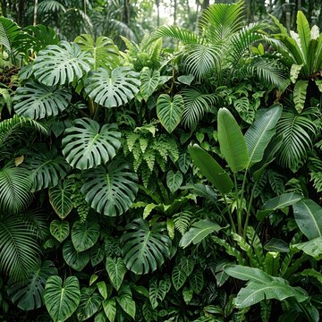 Close-up of lush green tropical leaves in dense jungle setting