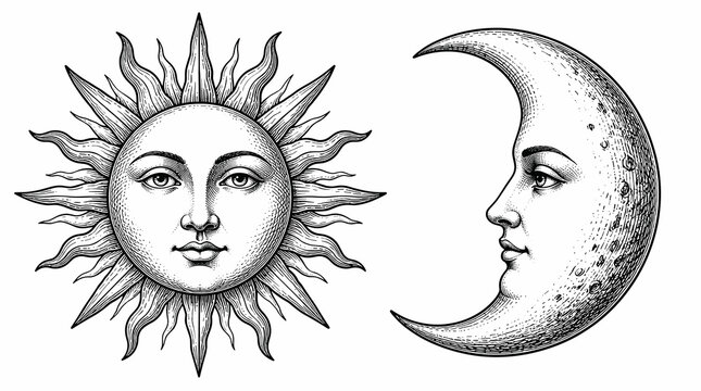 Sun and Moon Celestial Faces Illustration Showcasing Day and Night.