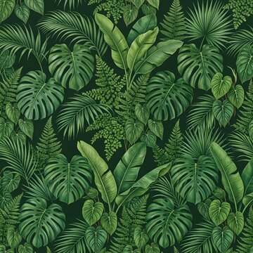 Close-up of lush green tropical leaves with vibrant foliage texture