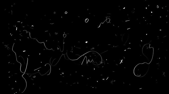 Retro white wires move across a grainy black background. Scratched film overlay effect in Full HD.
