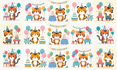 Fototapeta premium Set Of 15 Cute Cartoon Tiger Birthday Party Vector Illustrations, Kawaii Jungle Animal With Cake Balloons And Party Hats For Kids