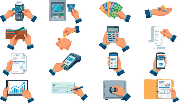 Financial icons, payment symbols, banking illustrations, 16 vector graphics