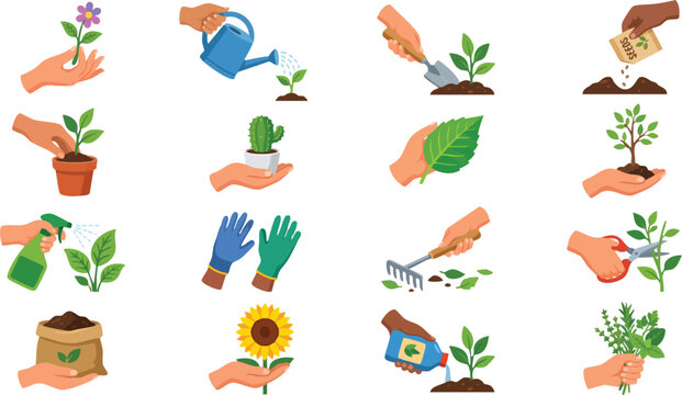 Gardening icons, plant care symbols, vector illustrations, green thumb graphics, 16 elements