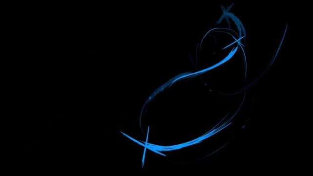 Hand-drawing a blue wavy line with hatching on a black background. Stock abstract art effect with a spark in a 2D style.