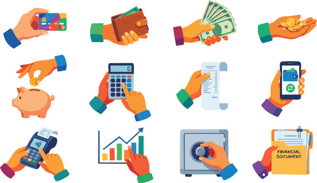 Financial icons, money management symbols, 12 vector graphics, colorful hand illustrations