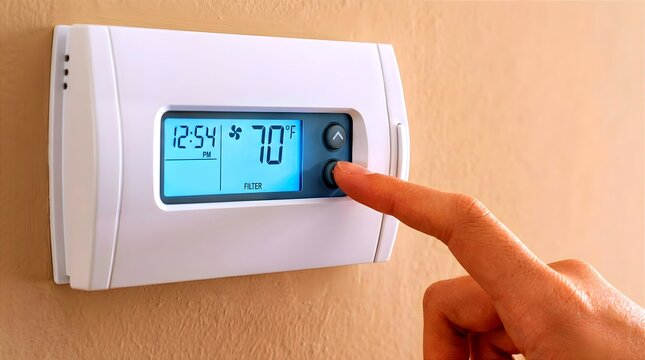 Close-up of a hand adjusting a modern digital thermostat with a glowing blue screen showing 70&deg;F and a filter alert on a beige wall, representing home temperature and HVAC maintenance.