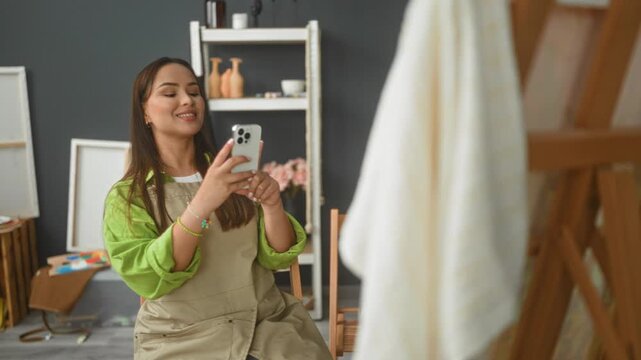 Woman painter in apron taps smartphone while seated in art studio, smiling as she checks a reference photo and brushes lie nearby; serenity creativity.