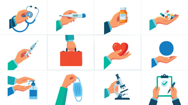 Medical icons, healthcare symbols, hand holding objects, vector illustrations, blue green color scheme