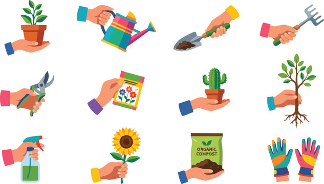 Gardening icons, hand drawn, colorful, 10 vector illustrations, gardening tools, plants, flowers