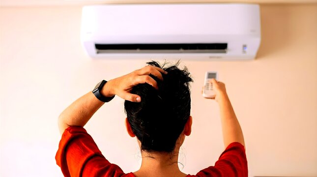 A confused woman scratching her head while pointing a remote control at a broken wall mounted air conditioner unit on a beige wall, representing cooling system failure or settings issues.