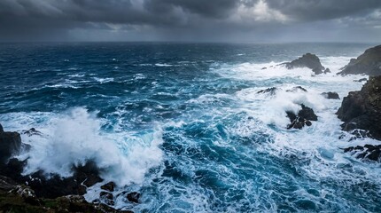 Fototapeta premium Turbulent deep sapphire blue ocean waves crashing with intense white foam capturing the raw power of a stormy sea from a high perspective.