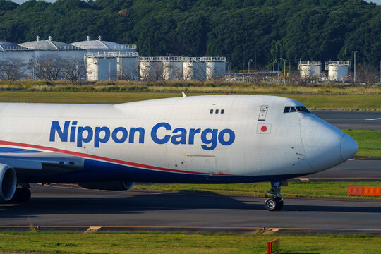 A Nippon Cargo Airlines (NCA) Boeing 747-8F freighter taking off at Narita International Airport on November 4, 2024 in Narita, Japan.