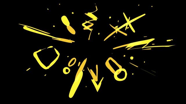 Hand-drawing yellow rings and lightning on a black background. Yellow small particles dots and lines for overlay in Full HD.