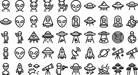 Sci-fi extraterrestrial alien and UFO spaceship line icon set featuring flying saucers cosmic astronomy exploration and retro space vector symbols © MDSOHAG