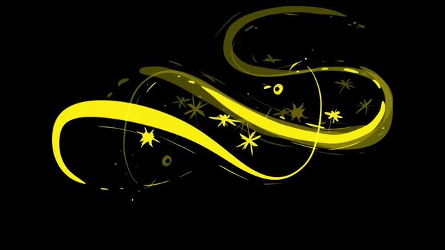 Yellow curved ribbon in a doodle style on a black background. Stock hand drawn effect with a wandering stroke in Full HD.