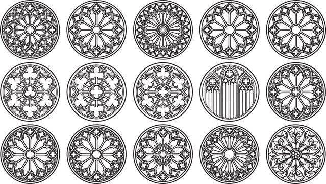 Gothic rose window collection featuring circular architectural ornaments and intricate tracery patterns in a black vector set