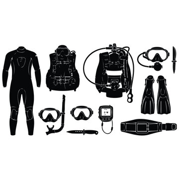 Professional scuba diving equipment collection silhouette vector illustration gear elements.