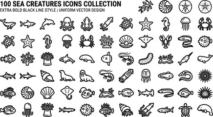 Sea life marine animals and ocean creatures line icons set featuring whale shark dolphin octopus turtle extra bold vector symbols © MDSOHAG