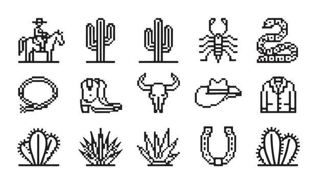 Wild west pixel icons collection with cowboy on horse desert plants boots and bull skull.