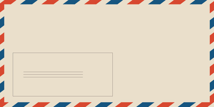 Airmail envelope frame. Commercial envelope. International vintage letter border. Retro air mail postcard with blue and red stripes. Blank correspondence paper template.eps,10