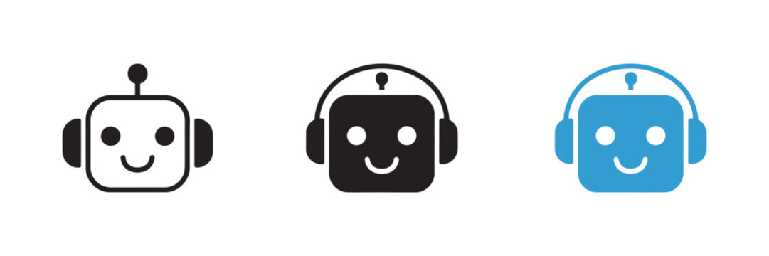 Chatbot Robot Face Icons vector. Friendly artificial intelligence assistant symbols for chat, customer service, communication, website, and digital interface design.