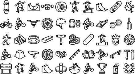 Skateboarding and bmx extreme sports line icons set featuring skateboarders ramp helmet bike parts skatepark street culture outline vector symbols © MDSOHAG