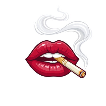 Glamorous red lips smoking cigarette with wisps of smoke isolated on white