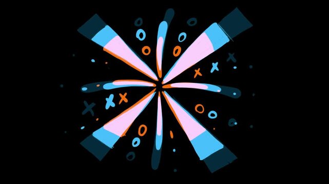 Chaotic movement of thick transparent lines on a black background. Blue and orange hand-drawn strokes flash across the screen. Stylized fireworks effect in Full HD.