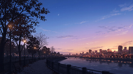 Fototapeta premium 秋の川沿い遊歩道と街明かり シルエット背景イラスト
