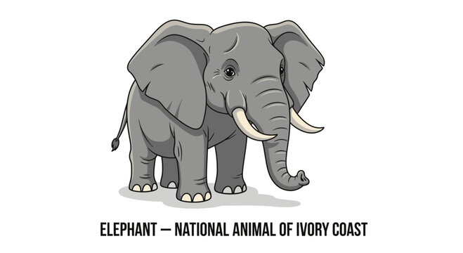 Captivating vector illustration of a majestic grey elephant featuring impressive tusks, rendered in a clean, iconic flat design style perfect for wildlife and nature themes