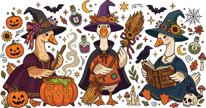 Three whimsical geese dressed as witches performing magic with a bubbling pumpkin cauldron and spell books for a fun halloween celebration illustration