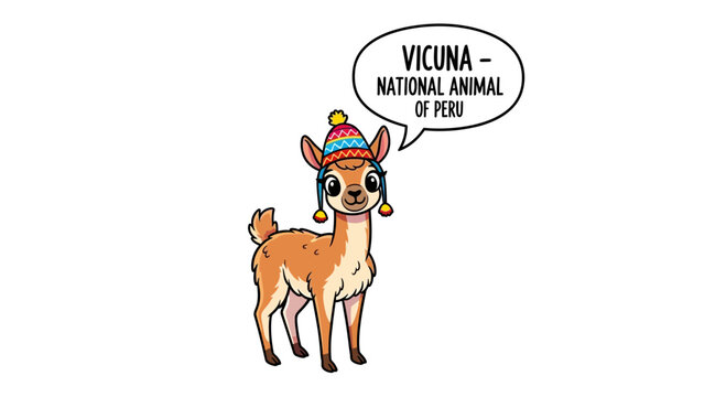 Cartoon Vicuna Wearing Traditional Andean Chullo Hat Illustration Representing National Animal of Peru Symbolic Wildlife Art