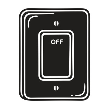 A black and white of a rectangular wall light switch in the off position, isolated on a white background, flat
