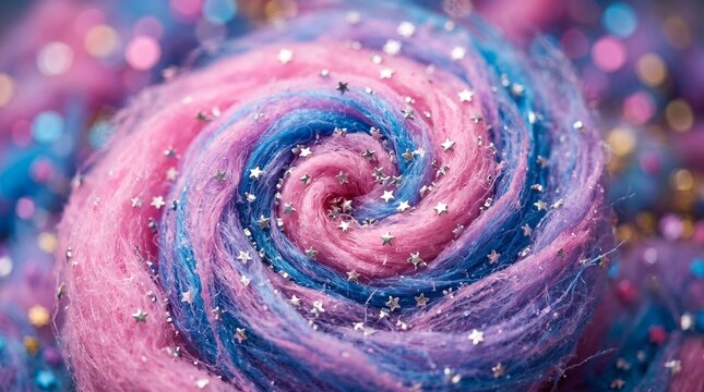 detailed Macro photo of cotton candy swirling like galaxy showing abstract micro structural details and textures with professional studio lighting